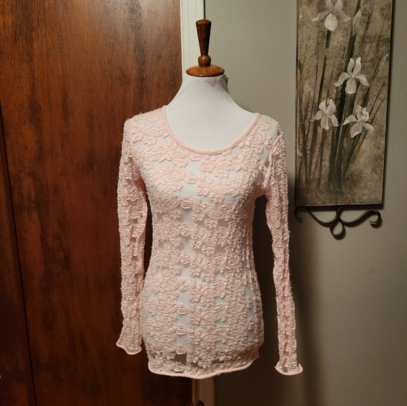 Free People Pink Knit Top Lace Medium Stretchy Burnout Long Sleeve
